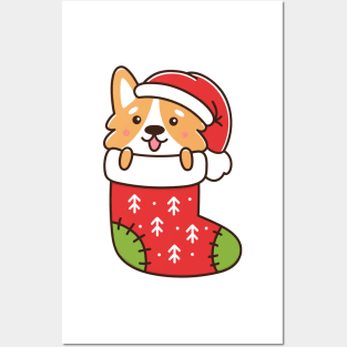 Corgi puppy in christmas sock Posters and Art